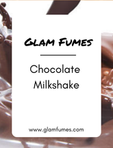 Label of Glam Fumes Chocolate Milkshake perfume, featuring a close-up of chocolate poured on a surface with the text 'Chocolate Milkshake' and the brand's website.